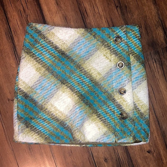 Y2K En Saison Size Blue Green and White Plaid Illusion Wrap Mini Skirt - Picture 7 of 10